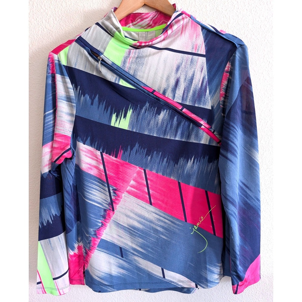 Jamie Sadock Womens Golf Top M Abstract Geometric Blue Pink Mock Neck Zip
